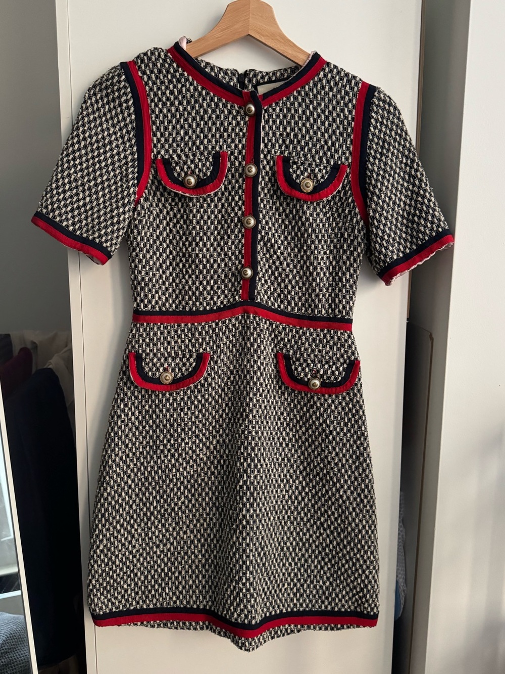 Black and White Houndstooth Mini Dress with Red Trim